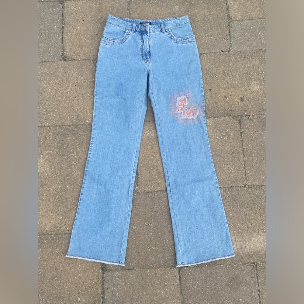 Jeanne Pierre Women's Blue Jeans with Pink Embroidery